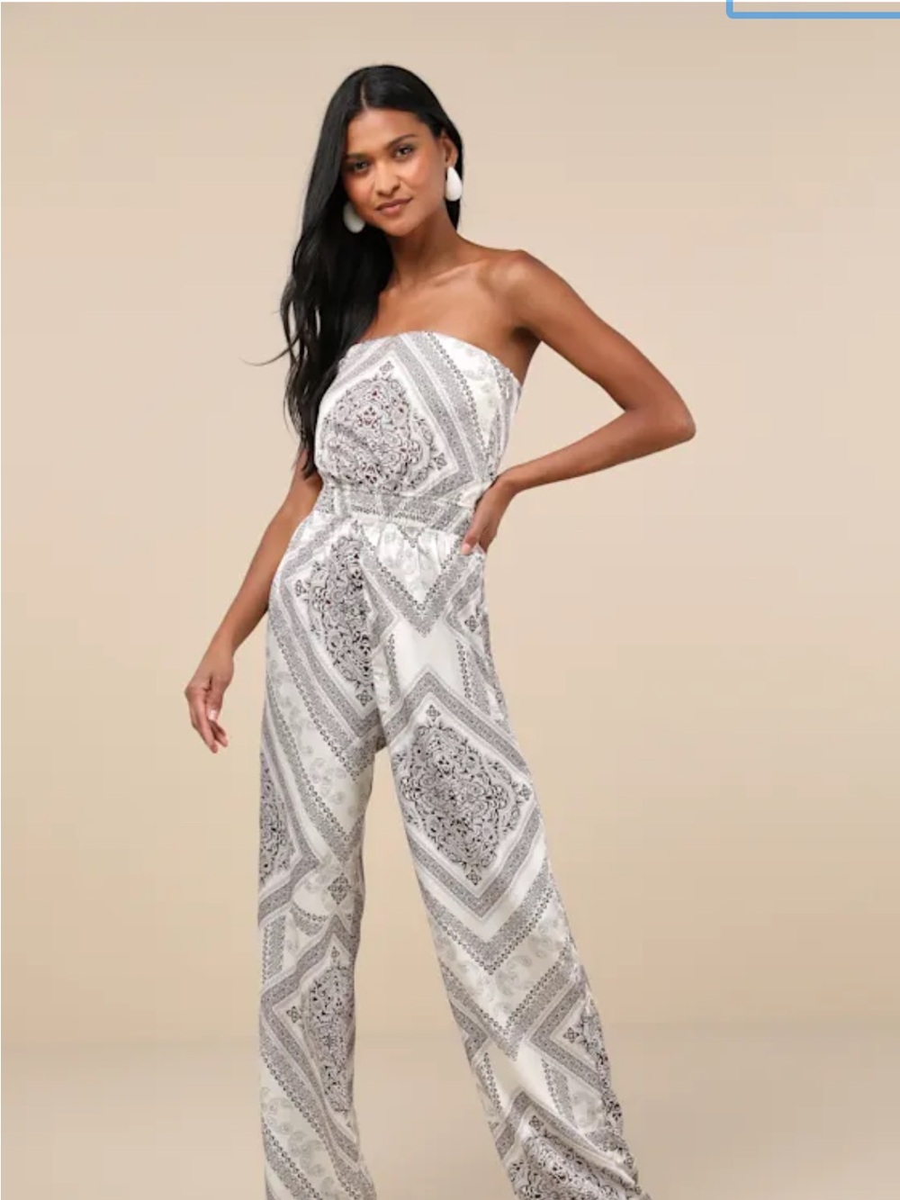 Lulu's Western Direction Ivory Scarf Print Satin Strapless Jumpsuit